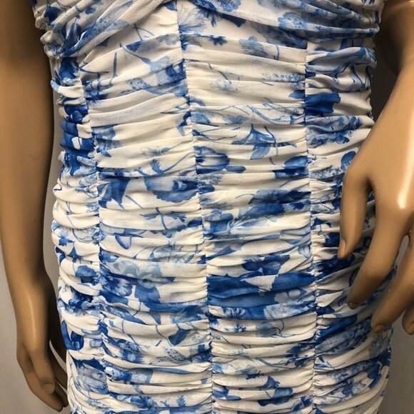 Vicky Tiel Ruched Floral Dress Womens Size Medium Blue White Sweetheart Cocktail - Picture 3 of 10